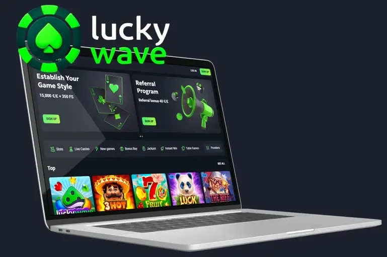 Luckywave Casino mobiel spelen via PWA op smartphone met gouden golfaccenten